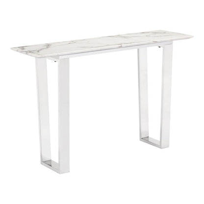 47" White and Silver Faux Marble and Stainless Steel Sled Console Table