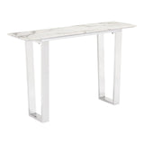 47" White and Silver Faux Marble Sled Console Table