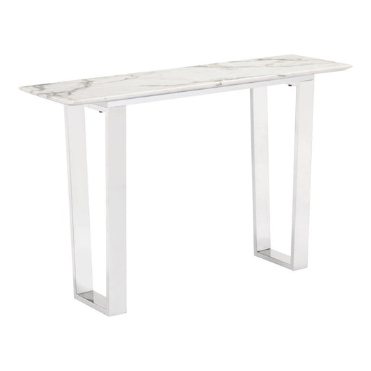 47" White and Silver Faux Marble and Stainless Steel Sled Console Table