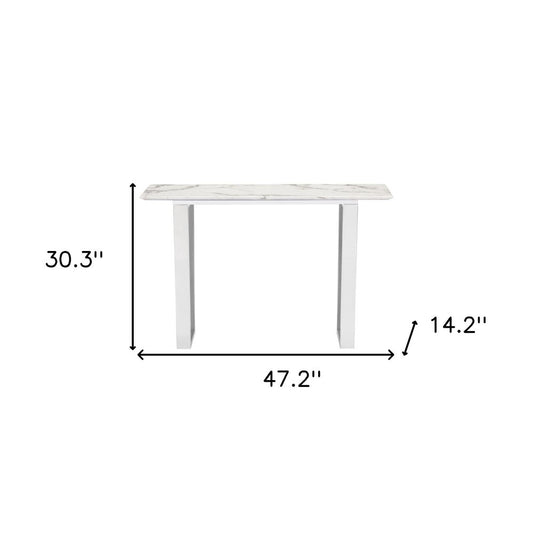 47" White and Silver Faux Marble and Stainless Steel Sled Console Table