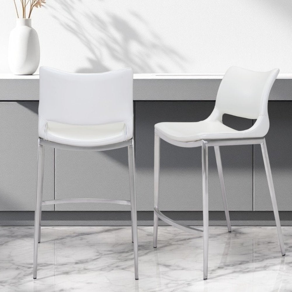 Set of Two 25" White And Silver Steel Low Back Counter Height Bar Chairs