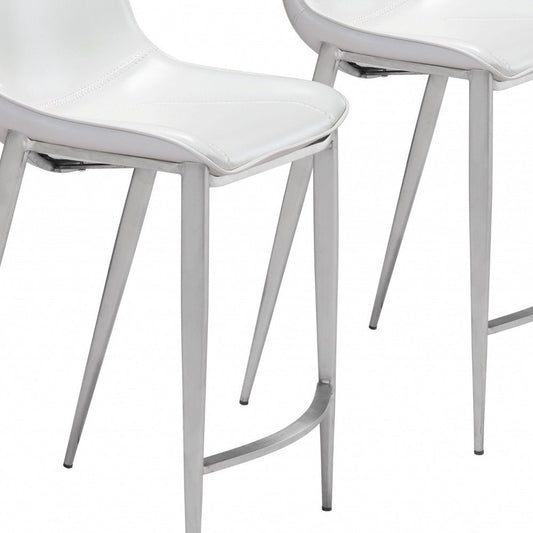 Set of Two 26" White And Silver Faux Leather And Steel Low Back Counter Height Bar Chairs