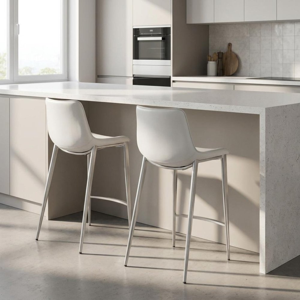 Set of Two 26" White And Silver Steel Low Back Counter Height Bar Chairs