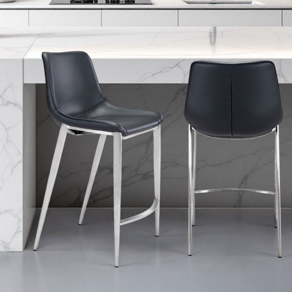 Set of Two 26" Black And Silver Steel Low Back Counter Height Bar Chairs