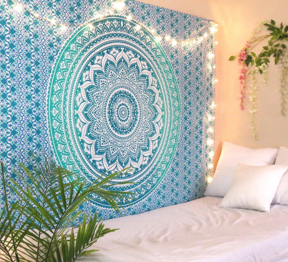 80" X 56" Blue And White Mandala Cotton Hanging Tapestry
