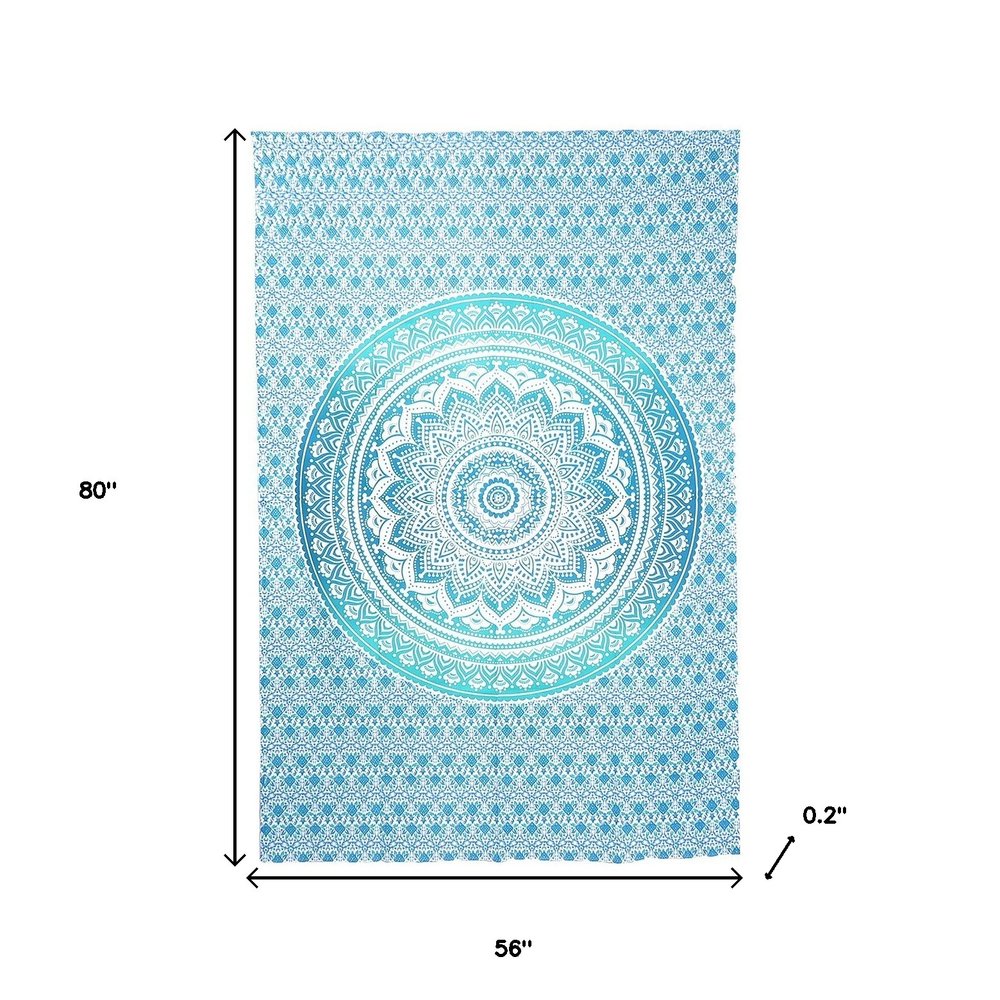 80" X 56" Blue And White Mandala Cotton Hanging Tapestry