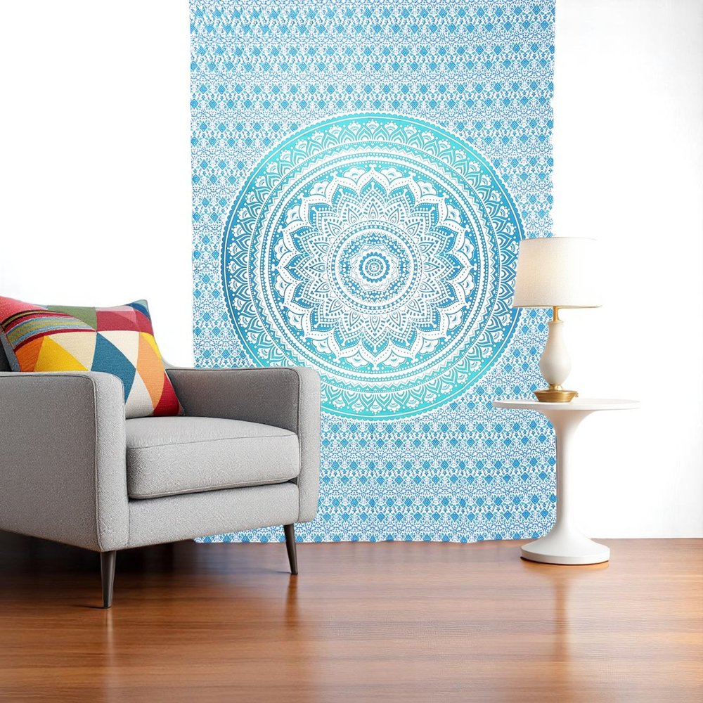80" X 56" Blue And White Mandala Cotton Hanging Tapestry