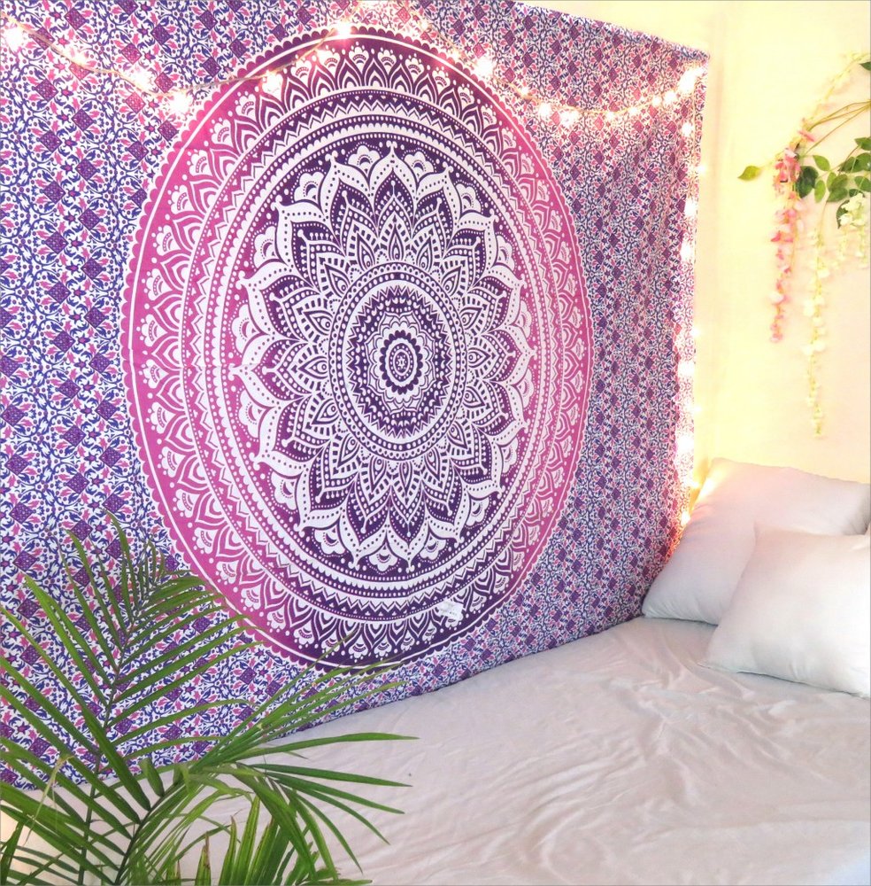 80" X 56" Purple And White Mandala Cotton Hanging Tapestry