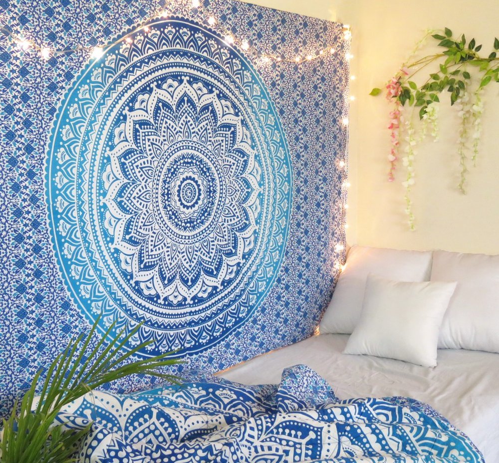 80" X 56" Blue And White Mandala Cotton Hanging Tapestry