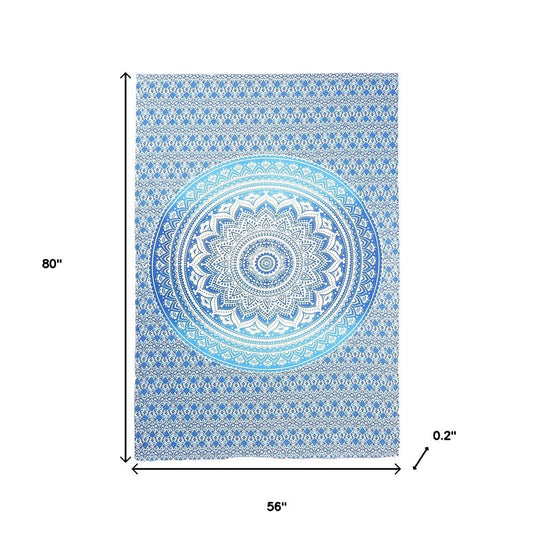 80" X 56" Blue And White Mandala Cotton Hanging Tapestry