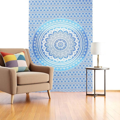 80" X 56" Blue And White Mandala Cotton Hanging Tapestry