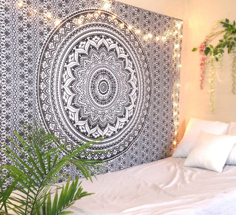80" X 56" Gray And White Mandala Cotton Hanging Tapestry