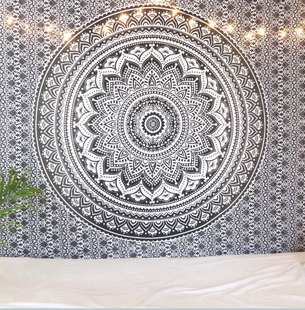 80" X 56" Gray And White Mandala Cotton Hanging Tapestry
