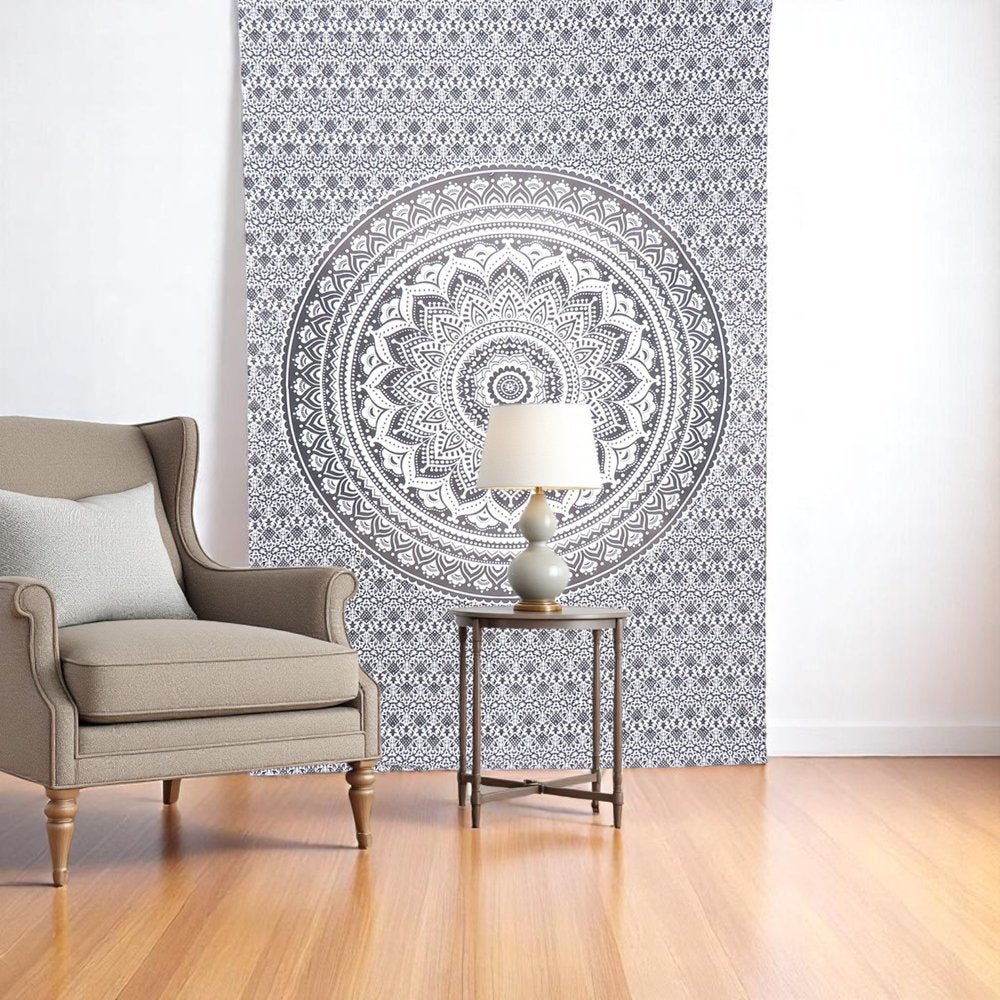 80" X 56" Gray And White Mandala Cotton Hanging Tapestry