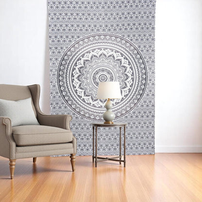 80" X 56" Gray And White Mandala Cotton Hanging Tapestry