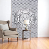 80" X 56" Gray And White Mandala Cotton Hanging Tapestry
