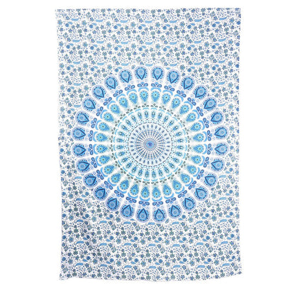 80" X 56" Blue And White Mandala Cotton Hanging Tapestry