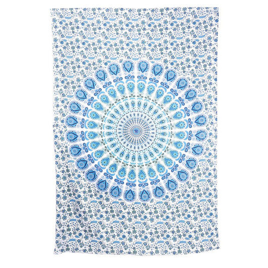 80" X 56" Blue And White Mandala Cotton Hanging Tapestry