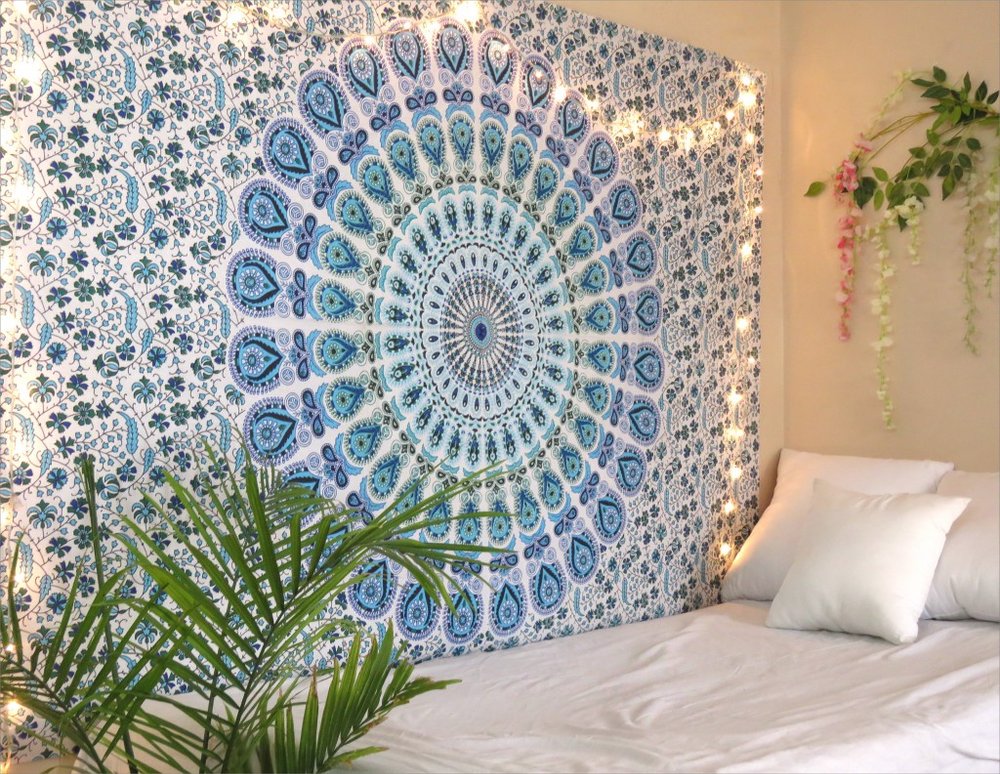 80" X 56" Blue And White Mandala Cotton Hanging Tapestry
