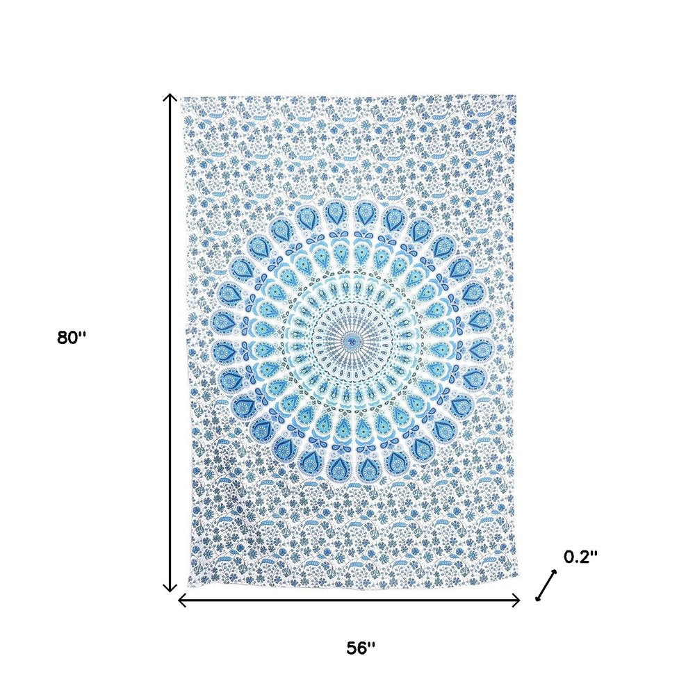 80" X 56" Blue And White Mandala Cotton Hanging Tapestry
