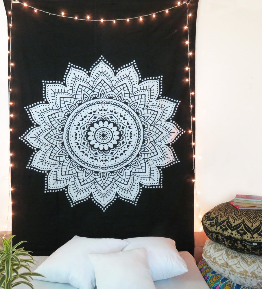 80" X 56" Black And White Mandala Cotton Hanging Tapestry
