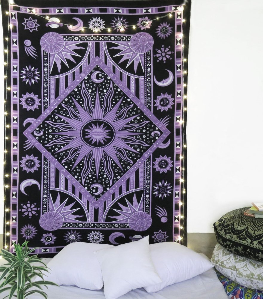 80" X 56" Purple Black And White Mandala Cotton Hanging Tapestry