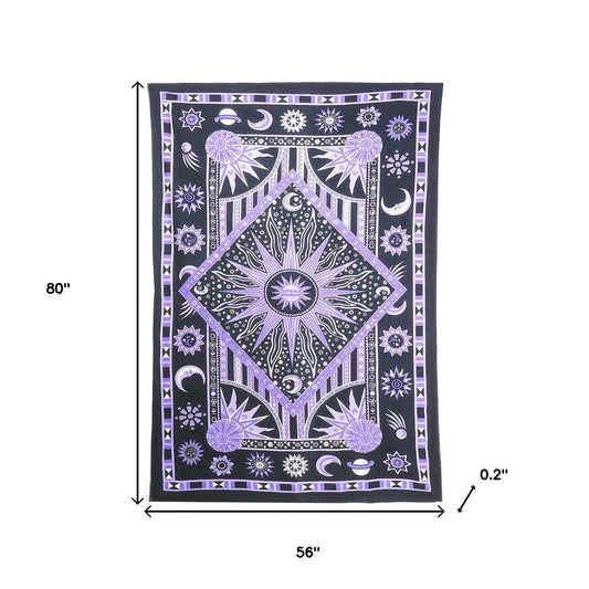 80" X 56" Purple Black And White Mandala Cotton Hanging Tapestry