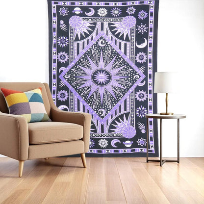 80" X 56" Purple Black And White Mandala Cotton Hanging Tapestry
