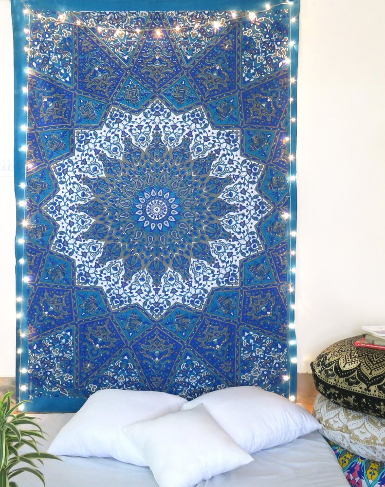 80" X 56" Royal Blue Mandala Cotton Hanging Tapestry