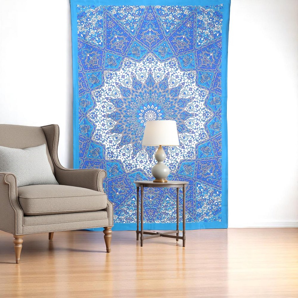 80" X 56" Royal Blue Mandala Cotton Hanging Tapestry