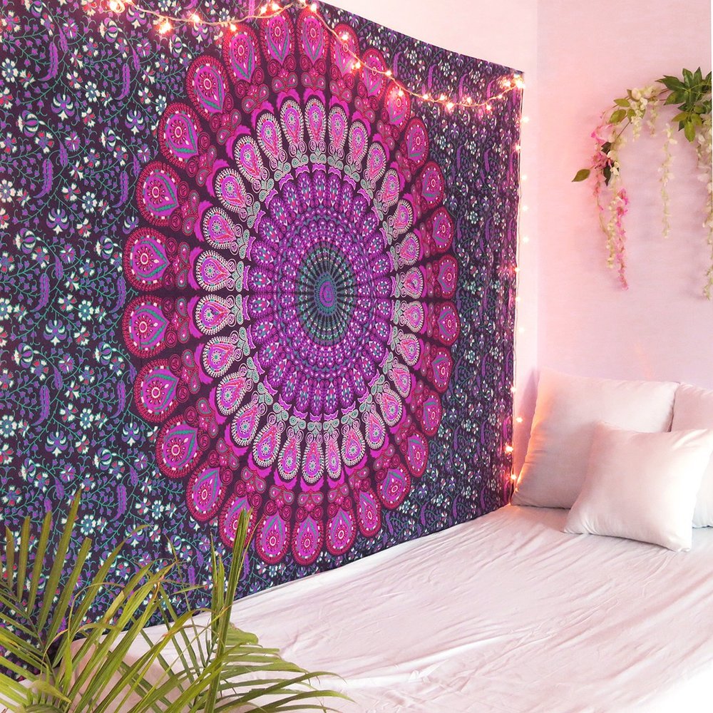 80" X 56" Purple Pink And White Mandala Cotton Hanging Tapestry