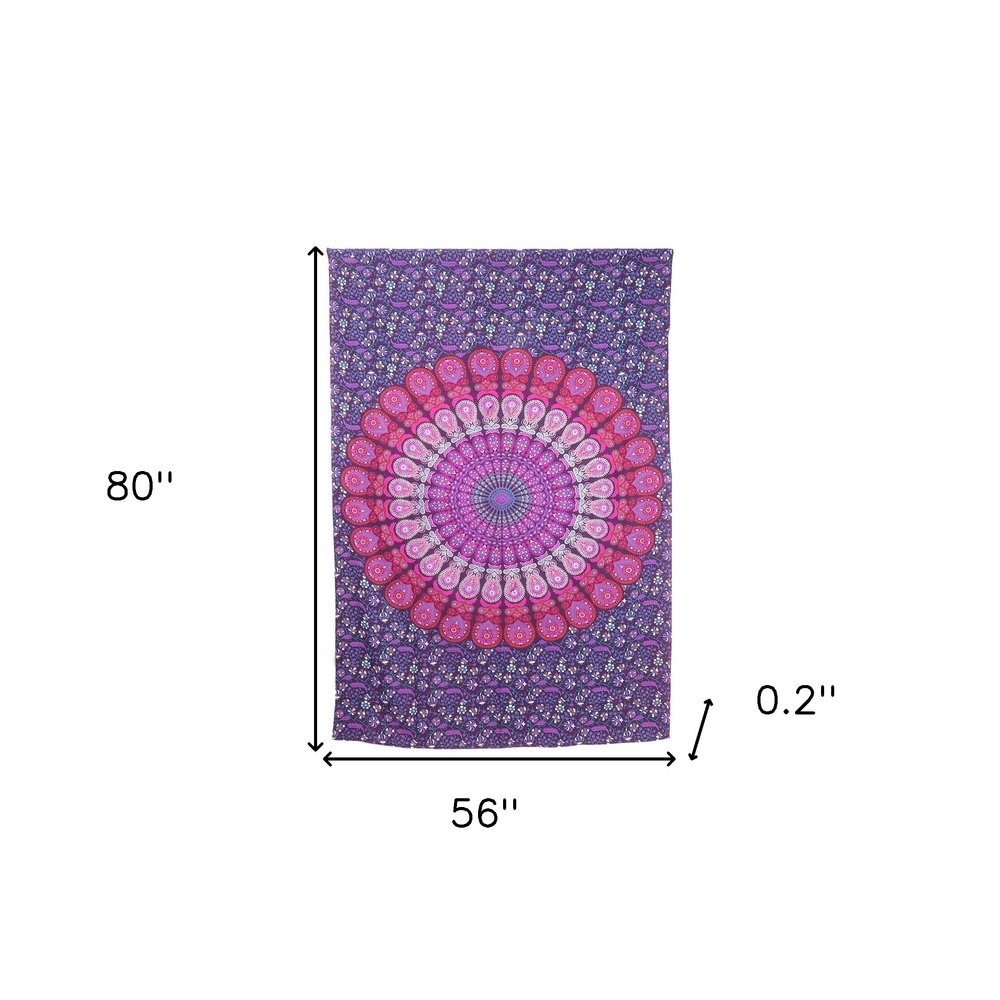 80" X 56" Purple Pink And White Mandala Cotton Hanging Tapestry