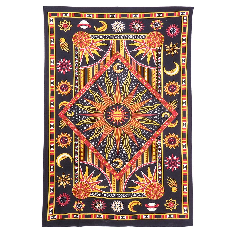 80" X 56" Black Red And Yellow Cotton Star and Sunburst Hanging Tapestry