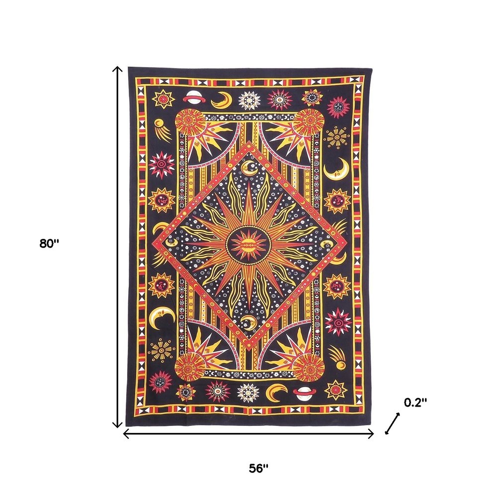 80" X 56" Black Red And Yellow Cotton Star and Sunburst Hanging Tapestry