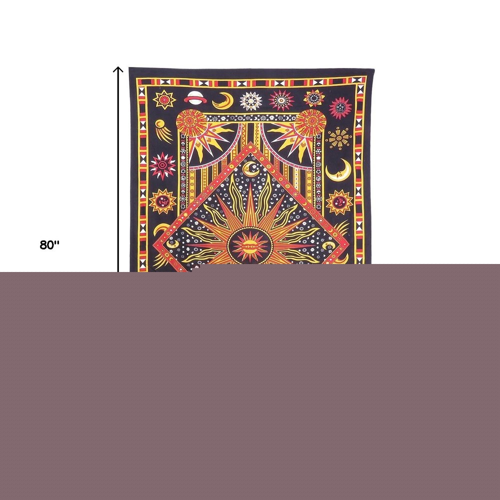 80" X 56" Black Red And Yellow Cotton Star and Sunburst Hanging Tapestry