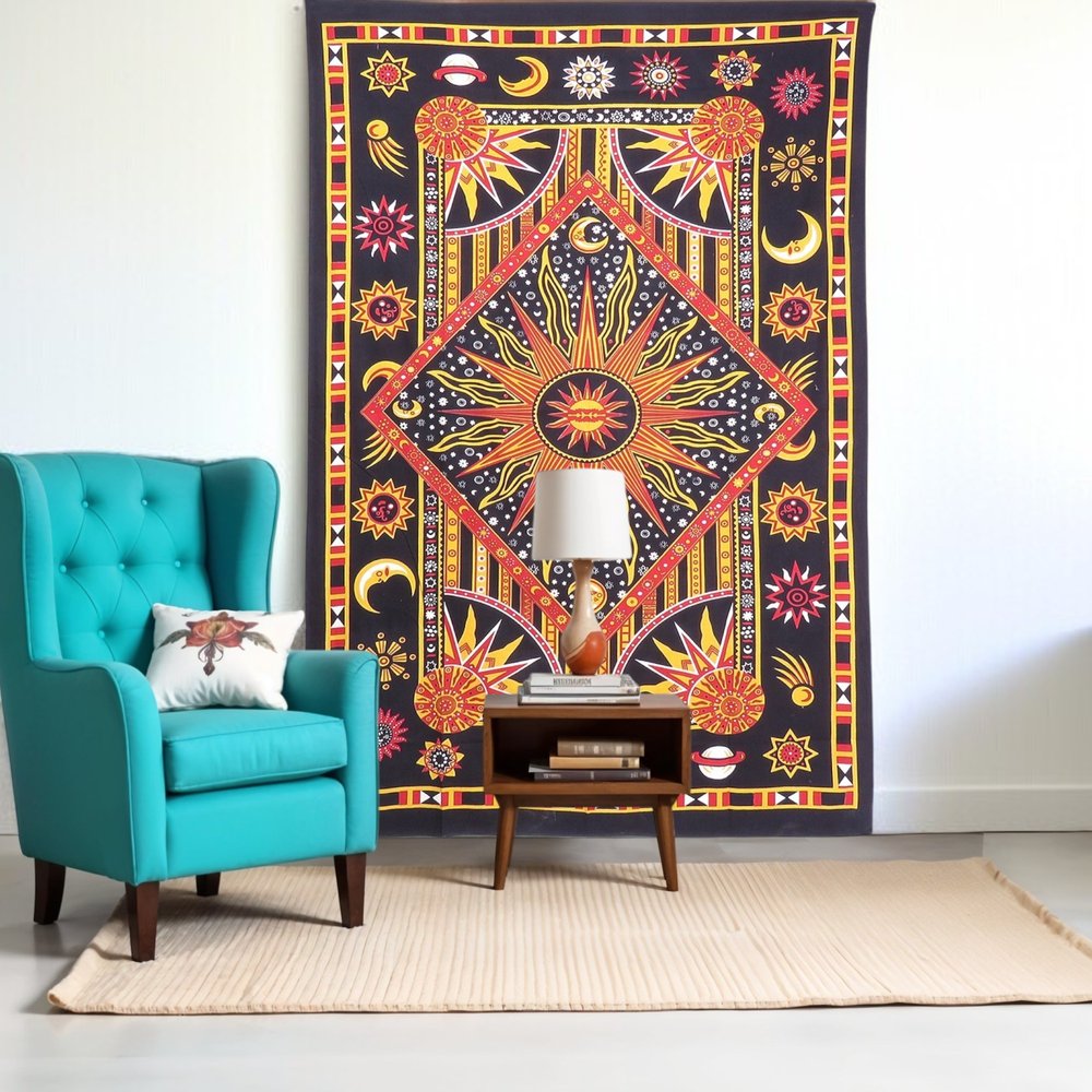 80" X 56" Black Red And Yellow Cotton Star and Sunburst Hanging Tapestry