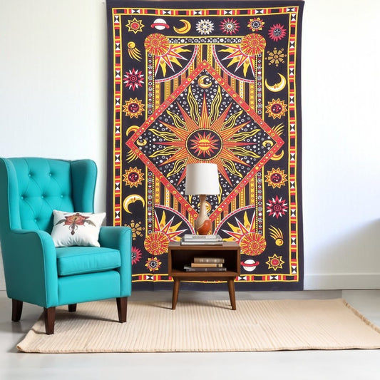 80" X 56" Black Red And Yellow Cotton Star and Sunburst Hanging Tapestry