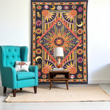 80" X 56" Black Red And Yellow Cotton Star and Sunburst Hanging Tapestry