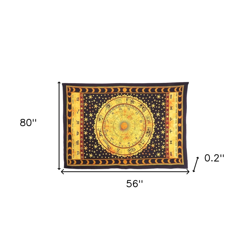 80" X 56" Black Red And Yellow Cotton Hanging Tapestry