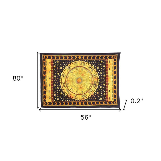 80" X 56" Black Red And Yellow Cotton Hanging Tapestry