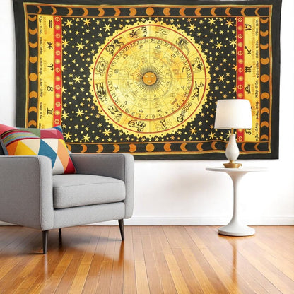 80" X 56" Black Red And Yellow Cotton Hanging Tapestry