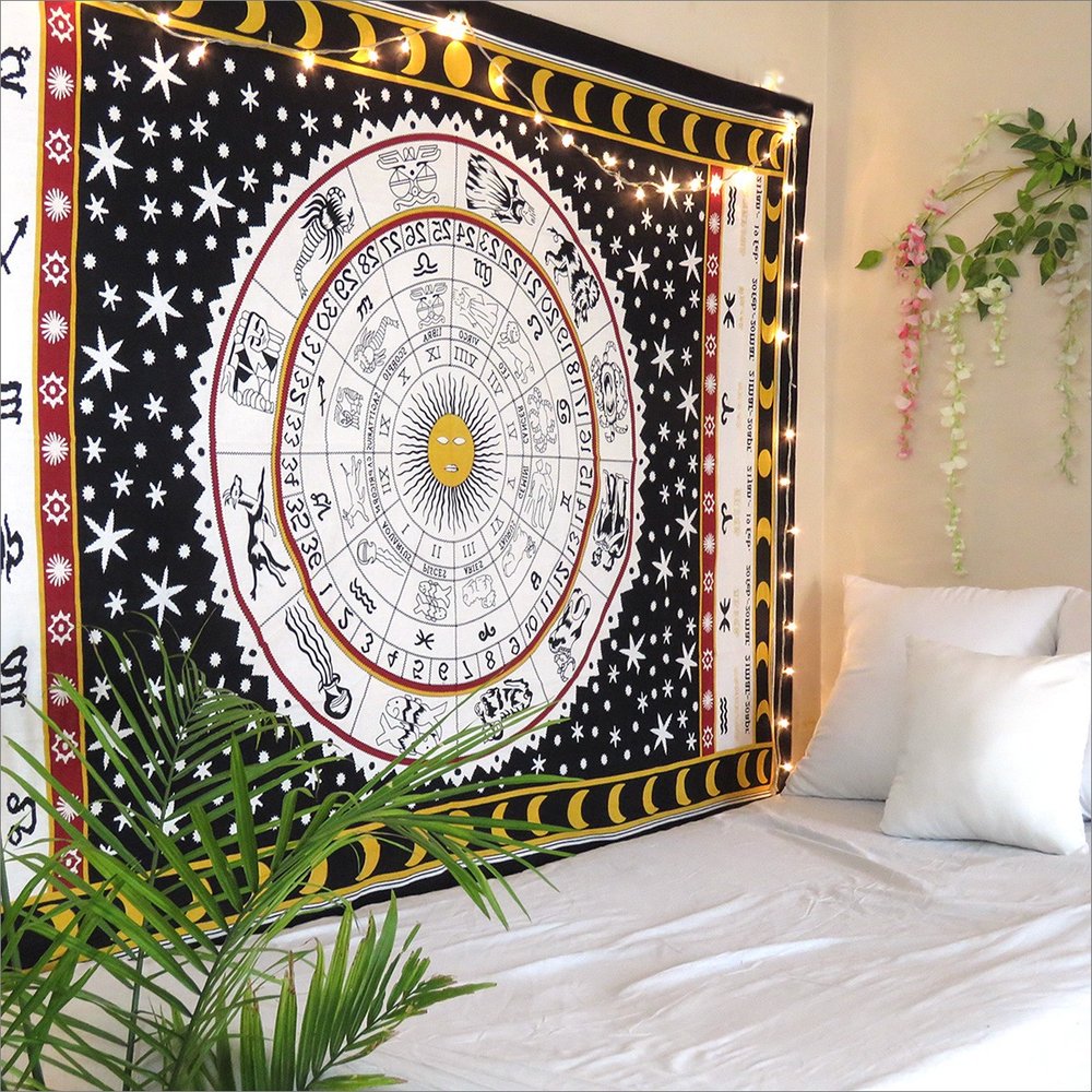 80" X 56" Black White And Yellow Cotton Hanging Tapestry