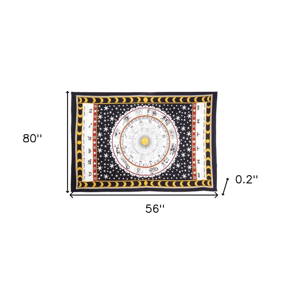 80" X 56" Black White And Yellow Cotton Hanging Tapestry