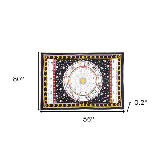 80" X 56" Black White And Yellow Cotton Hanging Tapestry
