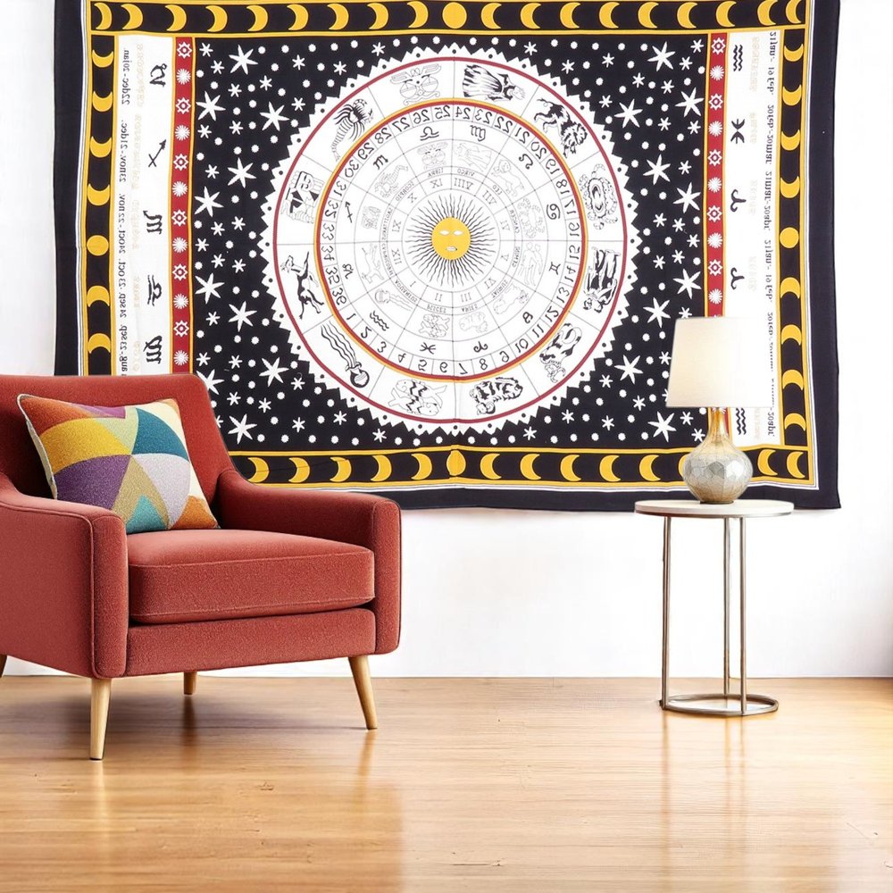 80" X 56" Black White And Yellow Cotton Hanging Tapestry