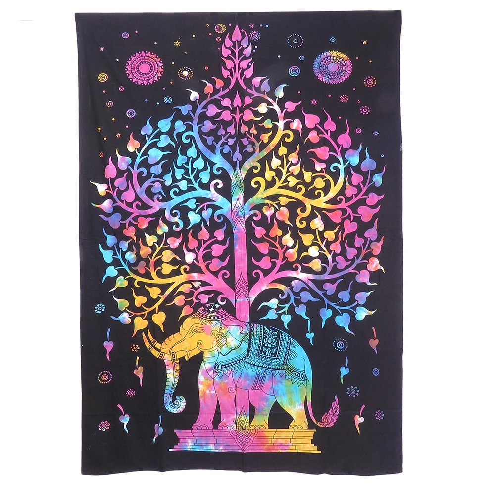 80" X 56" Black Pink And Yellow Elephant Mandala Cotton Hanging Tapestry