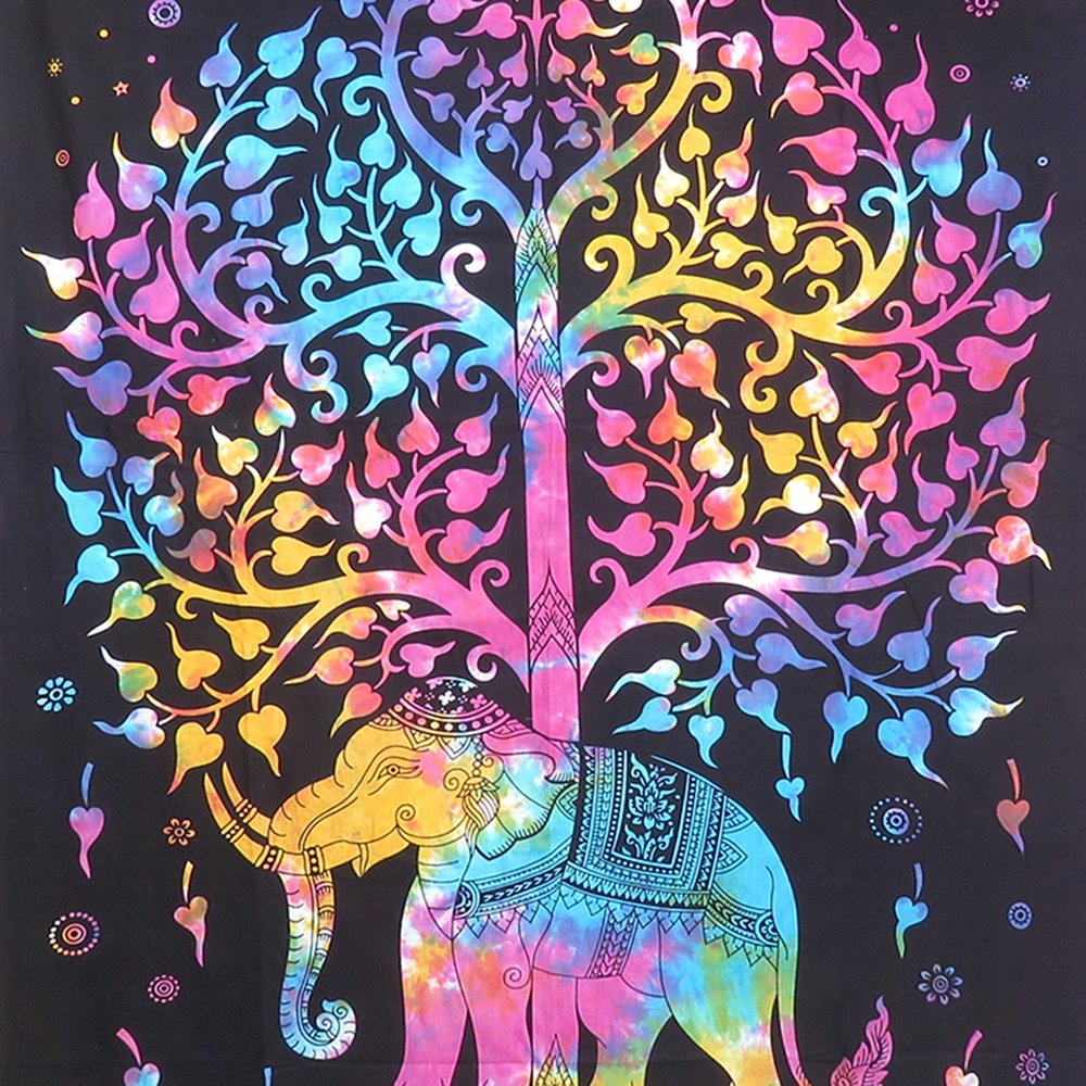80" X 56" Black Pink And Yellow Elephant Mandala Cotton Hanging Tapestry