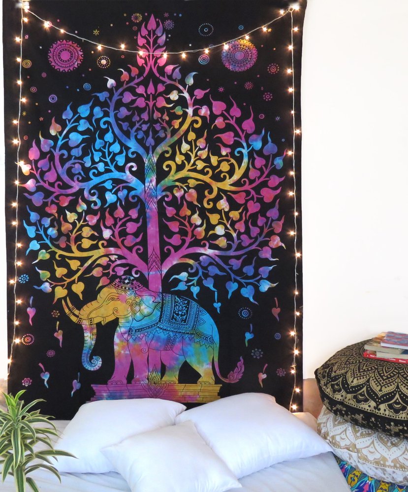 80" X 56" Black Pink And Yellow Elephant Mandala Cotton Hanging Tapestry