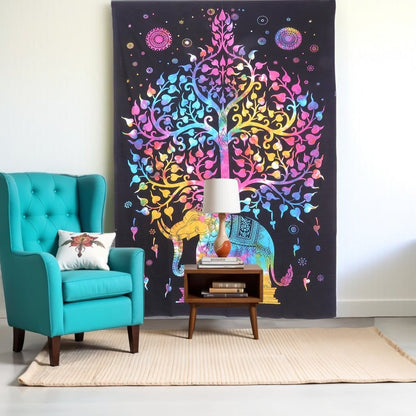 80" X 56" Black Pink And Yellow Elephant Mandala Cotton Hanging Tapestry