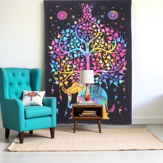 80" X 56" Black Pink And Yellow Elephant Mandala Cotton Hanging Tapestry